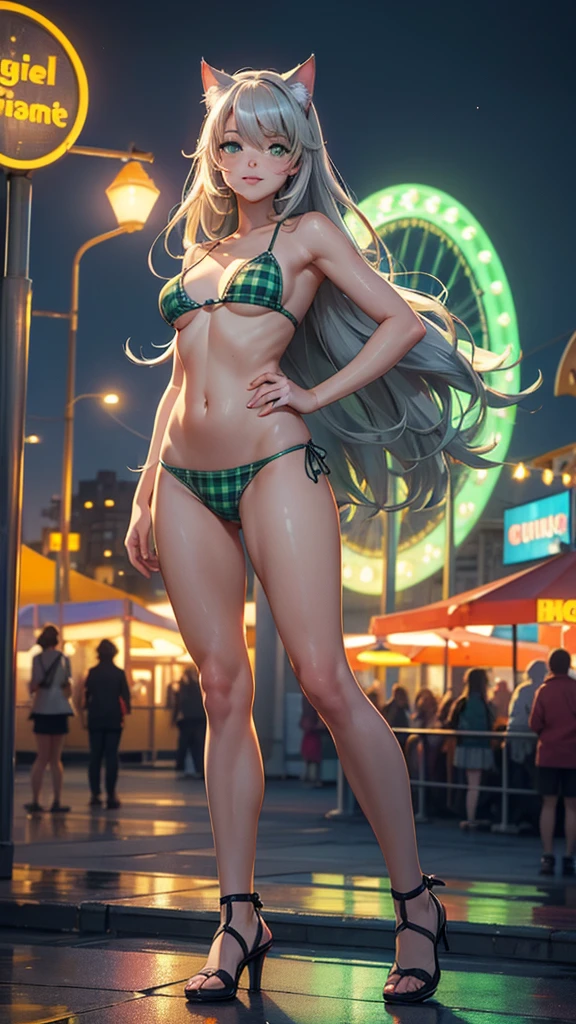 (high resolution, full body, soft skin:1.2),(best illustration,masterpiece:1.2),ultra-detailed,[(cat ears , grey inside:1.2, green eyes),vivid colors,sharp focus,portrait,misty lighting,bokeh, wearing a plaid bikini, amusement park beach waterfront, ferris wheel in background, low light, smiling, 