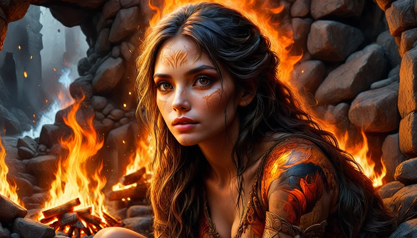 a prehistoric man dressed in animal skins, detailed charcoal drawing on a rocky wall, portrait of a woman sitting by a fire, beautiful detailed eyes, beautiful detailed lips, extremely detailed eyes and face, long eyelashes, realistic, photorealistic, photo-realistic:1.37, best quality,4k,8k,highres,masterpiece:1.2,ultra-detailed,HDR,UHD,studio lighting,ultra-fine painting,sharp focus,physically-based rendering,extreme detail description,professional,vivid colors,bokeh,dramatic chiaroscuro lighting,dramatic shadows,warm color tones,glowing embers,atmospheric,cinematic