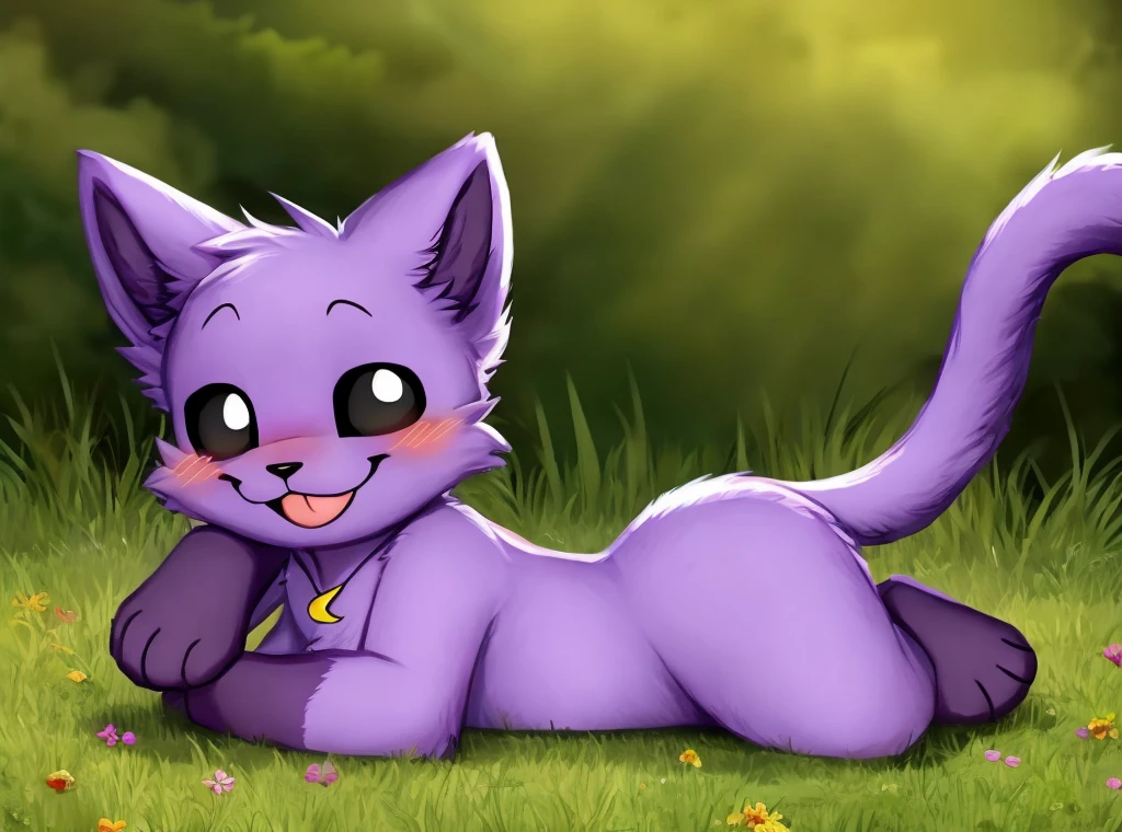  beautiful background, detailed background, grass, three-quarter view, 
BREAK, 
 Baby Catnap, in panties, naked, split hole, laying on the ground, smile, blush, looking at viewer, cute, closed mouth, black eyes with white pupils, black mouth, (yellow crescent-shaped necklace), purple fur, great anatomy, long cat tail, pawspads