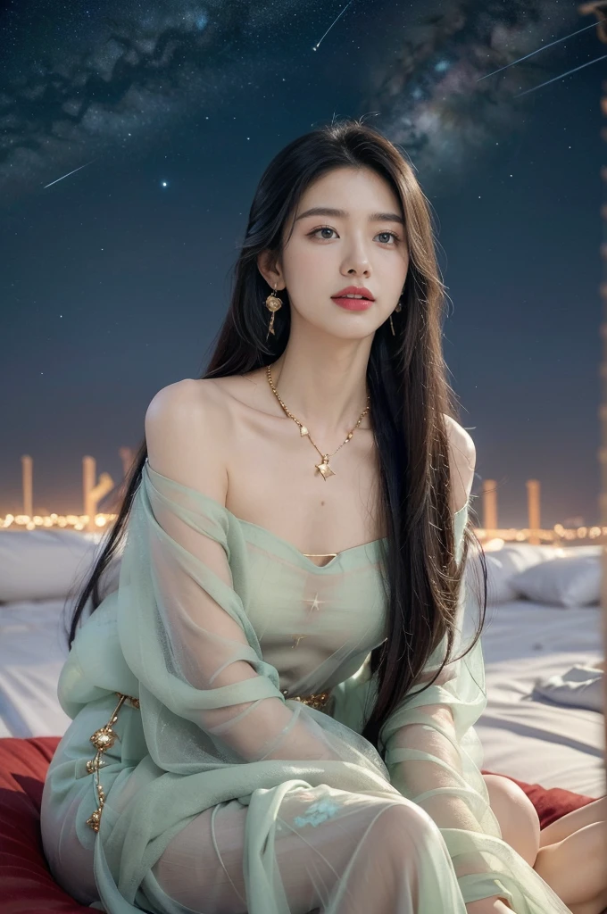 (((best quality))),(((ultra detailed))),(((masterpiece))),illustration,((a serene girl,solo)),(laughing:1.3),((earrings,necklace)),((slim,thin)),((small breasts,flat chest)),(slender legs:1.2),(sitting on luxurious mattress:1.3),((empty field,outdoor,horizon)),((starry sky,Milky Way)),(summer:1.2),(night scene:1.3),(gorgeous see through red sheer Hanfu dress:1.3),intricate patterns,vibrant colors,delicate face,piercing eyes,fair complexion,radiant glow,(shoulder length straight hair:1.3),rich fabric,embroidered designs,high status,platform elevation,soft cushions,plush blankets,serene ambiance,tranquil surroundings,calm demeanor,vibrant attire,ethereal beauty,wonder and awe,((from front,upper body))