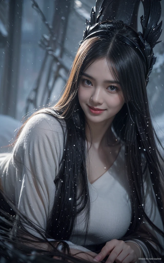 high resolution,High-resolution details,(snowstorm, desolving:1.3), Greg Rutkowski Style, Asian Girls,Smiling at the camera,full-body shot,Lots of details, symmetry, Dark Fantasy, Dark Plants, complex, full of imagination, Very detailed