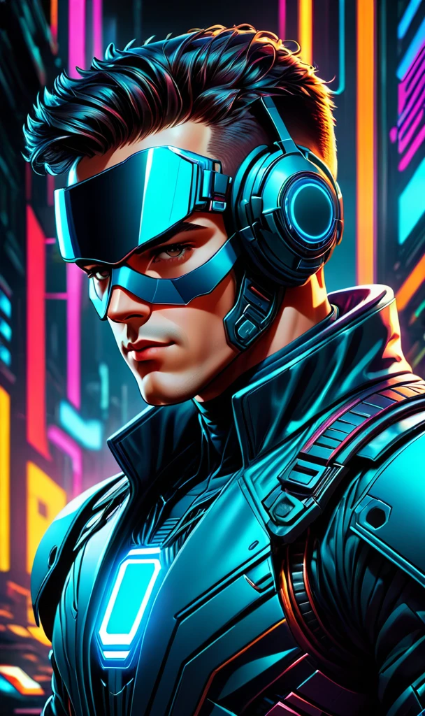 A stylish cyber man with a cyber look, por Dan Mumford e Moebius e Greg Rutkowski. extremely detaild, trends on ArtStation, 3D rendering, 8K resolution, photorealistic facial features, symmetrical faces, bright coloured. octane rendering. trends on deviantart. unreal motor 5, octane rendering. digitl art