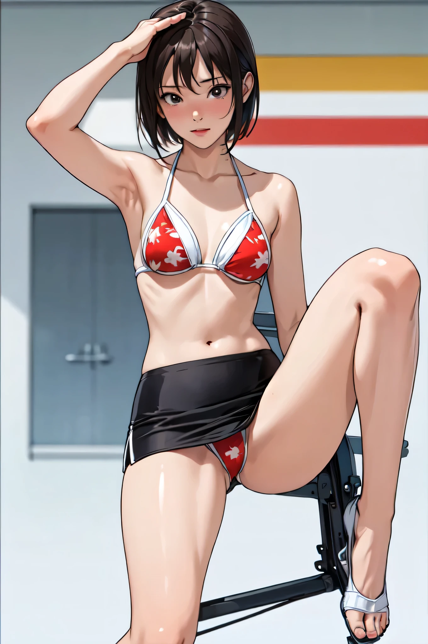 ((masterpiece, Highest quality)),((High resolution:1.2)), 1 girl, alone, Blurred Background, Thighs, (Sexy Swimwear), Flat Chest, Pencil Skirt, Leg lift