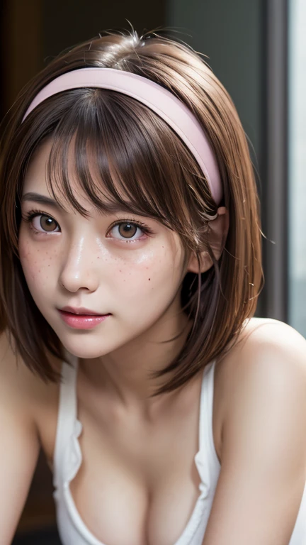(One girl), Brown Hair, Great face and eyes, Pink Eyes, (Amazingly beautiful girl), Brown Hair, (Highest quality:1.4), (Very detailed), (Very detailed CG 統合 8k 壁紙), Very detailed, High resolution raw color photos, Professional photography, Depth of written boundary, 、smile:1.1、Tank top、Headband、Small breasts、cleavage 、freckles、Round Glasses、bob cut