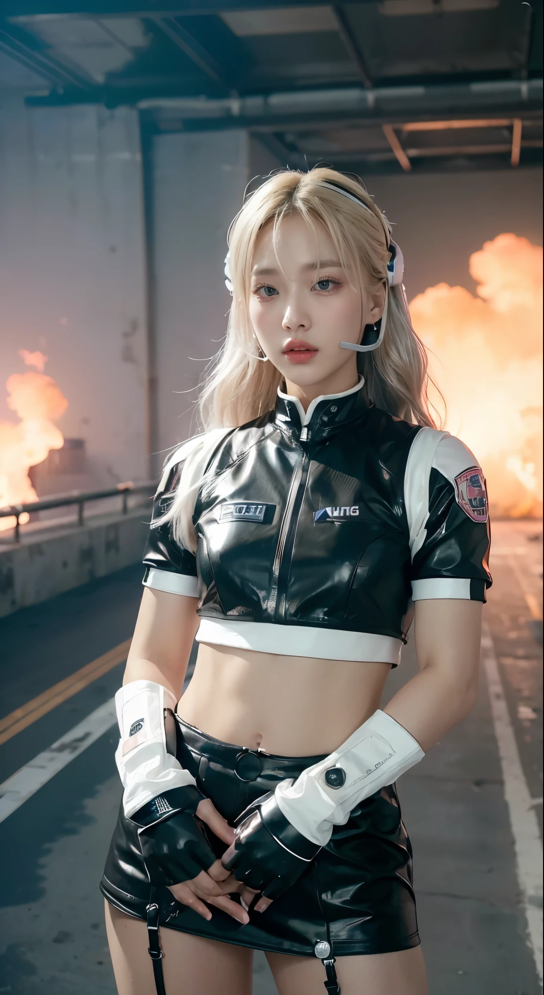 (Top Quality, Ultra High Definition, Photorealistic:1.4), (cowboy shot:1), 1 Beautiful Armed Girl, (Kpop Idol), Detailed Face, (Hair Style: long hair blonde:1, fullbang, shortbob-style:1), Contrapposto, Perfect Anatomy, ((wearing Futuristic Police Racing Suits, low-mini-skirt, police wappen, High-tech Headset, military harness, racing gloves, )), (Cloths colors based on silver pink black white), (background, crashed cars, fire, (Explosion)),
