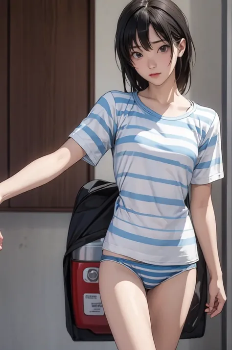 ((masterpiece, highest quality)), 1 girl, alone, blurred background, (((small breasts))), thighs, (striped underwear), t-shirts,