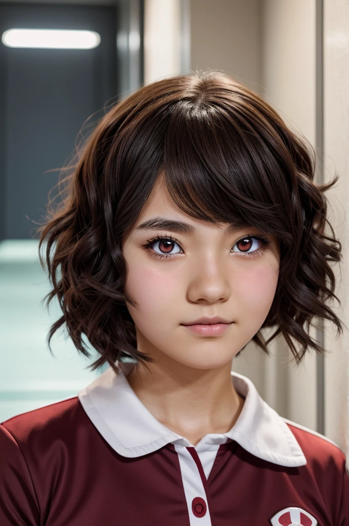 An anime girl with short wavy hair and wine red eyes, with a band-aid on the nose and the bottom of the cheek, wearing a UA uniform