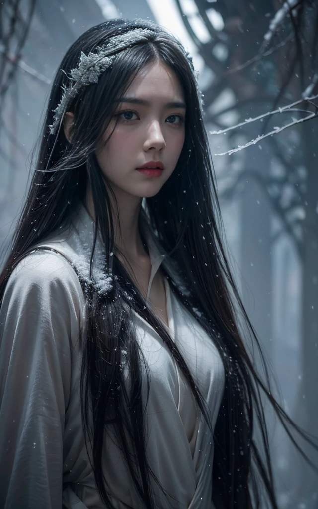 high resolution,High-resolution details,(snowstorm, desolving:1.3), Greg Rutkowski Style, Asian Girls,Lots of details, symmetry, Dark Fantasy, Dark Plants, complex, full of imagination, Very detailed