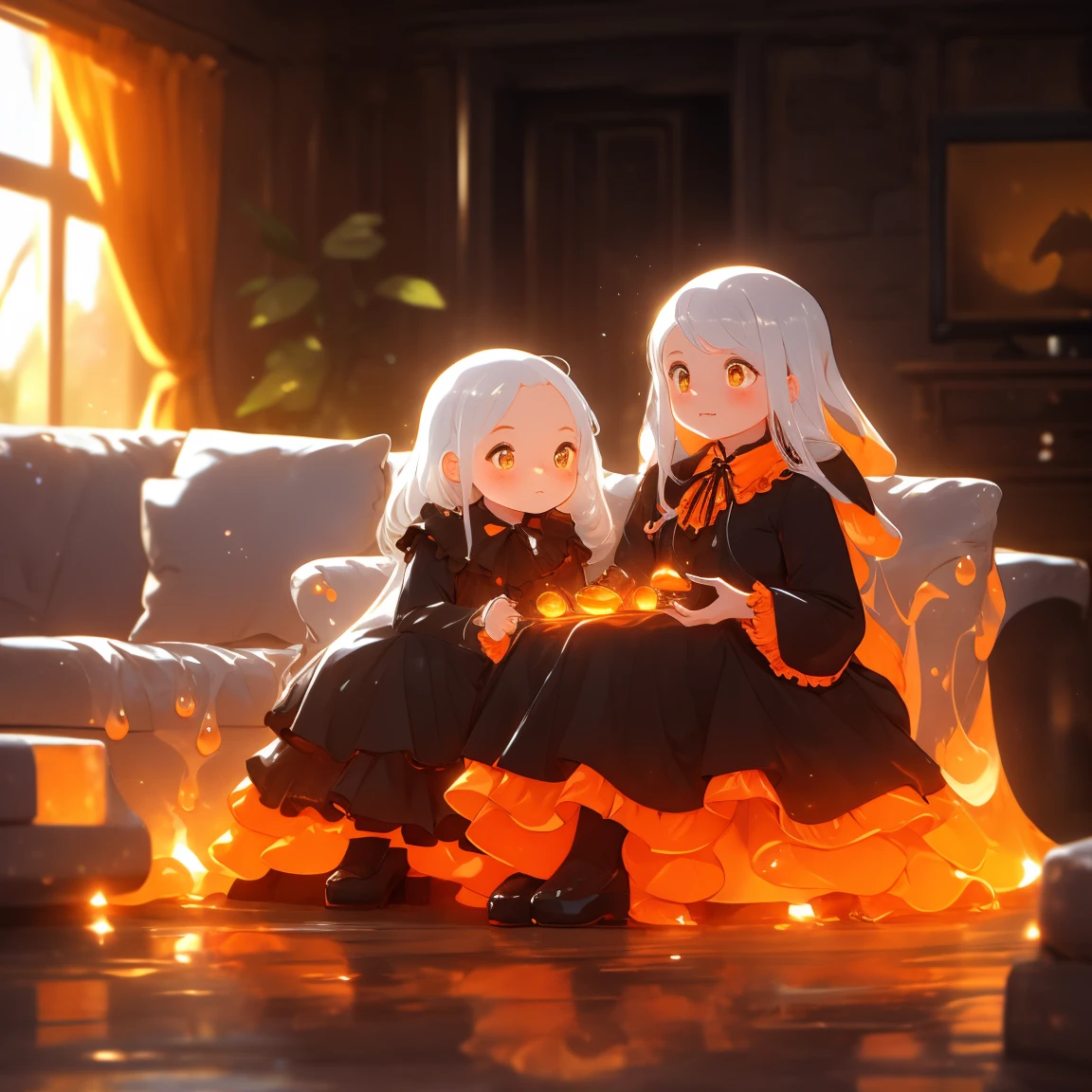 With a girl, magician, witch, indoor, living room, Crimson Room, Day, morning, 9:40 AM, Red and black gothic lolita, Ruffled dress, Cute Face, Mouth O, white hair, hair, Yellow Eyes,  Sitting on the sofa, clock, sun, Orange slime, Orange slime sitting on girl lap, watching tv