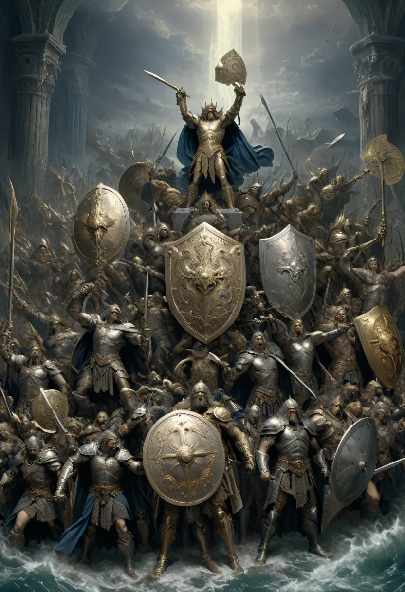 Legendary heroes and epic shields, By Gustave Doré, Fantasy, Strengthen, Complex, (Highest quality, masterpiece, Representative works, Official Art, Professional, 8k)