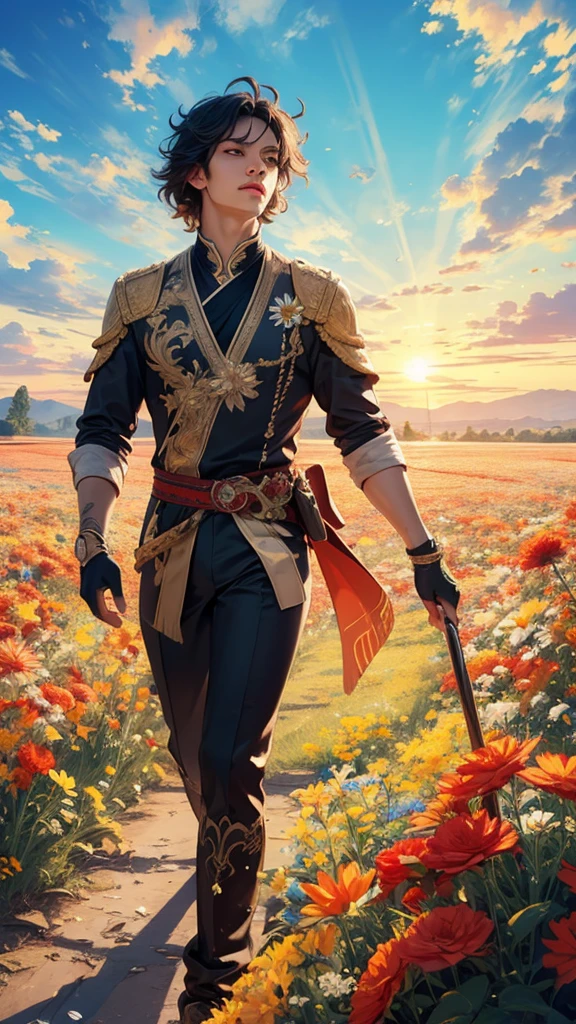 1 adult male solo, black hair, red eyes, kaveh genshin impact, black top, gold and red embroidered details, golden accessories, dark pants, fingerless gloves, feather hair ornament, shiny eyes (​masterpiece),((top-quality)),(offcial art),(Beautiful and indulgent:1.2),(1manin:1.3),Detailed drawing。Vibrant colors。colourfull、highestdetailed ((ultra-detailliert)),(Highly detailed 2D illustrations),((Extremely delicate and beautiful))Super Detail,atmosphric perspective，dust particle, iridescent, glowing, surrounded by dark red lily flowers, (((walking on a flower field at sunrise, sunrise light many flowers around, soft clouds in the blue sky, dreamy soft light)))