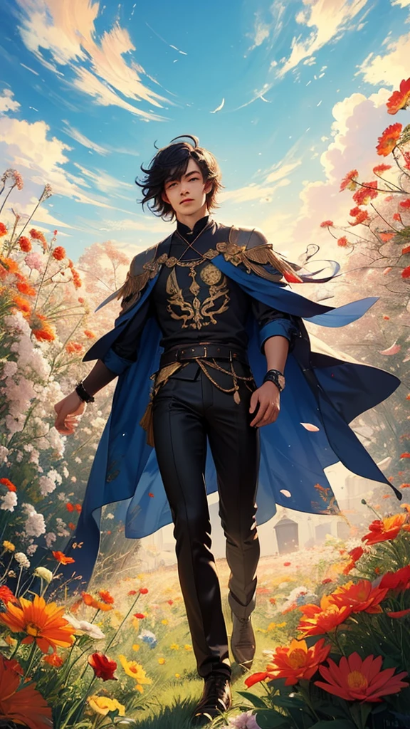 1 adult male solo, black hair, red eyes, kaveh genshin impact, black top, gold and red embroidered details, golden accessories, dark pants, fingerless gloves, feather hair ornament, shiny eyes (​masterpiece),((top-quality)),(offcial art),(Beautiful and indulgent:1.2),(1manin:1.3),Detailed drawing。Vibrant colors。colourfull、highestdetailed ((ultra-detailliert)),(Highly detailed 2D illustrations),((Extremely delicate and beautiful))Super Detail,atmosphric perspective，dust particle, iridescent, glowing, surrounded by dark red lily flowers, (((walking on a flower field at sunrise, sunrise light many flowers around, soft clouds in the blue sky, dreamy soft light)))