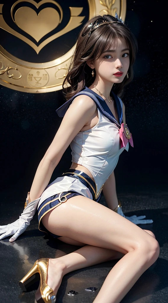 ((masterpiece:1.4)、(Top quality:1.4)、(Realist:1.7))、Masseter film:1.4、A beautiful girl、(Sailor Moon:1.4)、Tsukino Usagi、Minako Aino,Tight sexy sailor suit、(Latex Shiny)、(The jacket is a white sleeveless sailor suit)、(The skirt is orange sexy super mini skirt)、The collar of the sailor's suit is blue,There are two thin lines on it.、High Leg Swimsuit、,A heart-shaped white gemstone on the chest,Blue cloth decoration on chest、(Wearing white gloves)、Kawaii girl、Super Beauty、Sharp focus、Full body photography:1.4、Beautiful face、beautiful eyes、Willow Waist、、(hair:1.4)、(长度 hair:1.2)、Beautiful breasts、Full breasts:1.2、Sexy ass、RAW photos、Red lips、Orange high heels:1.4、Necklace:1.4、A necklace:1.4、earrings:1.4、Luxurious golden headdress:1.4、1 screen display、A moon、universe、universe飞船、space station、City of the Future,