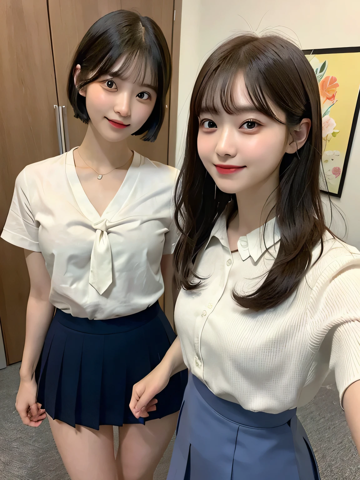 ((Two Girls)),Super cute、16 years old、Full body photo、slender、Japanese women、White drool coming out of the mouth、smile、Short Bob Cut、Fair skin、very cute、Soft and good looking、8k resolution、Surreal、Ultra-high resolution、A cup small breasts((Highest Resolution、、masterpiece:1.3))、Extremely thin face、Ultra-thin lips、Beautiful Eyes、double eyelid、Yellow tie、white shirt with open front、Navy blue mini skirt、Thighs、thin、Thighsが見える、Shapely small breasts、smile、