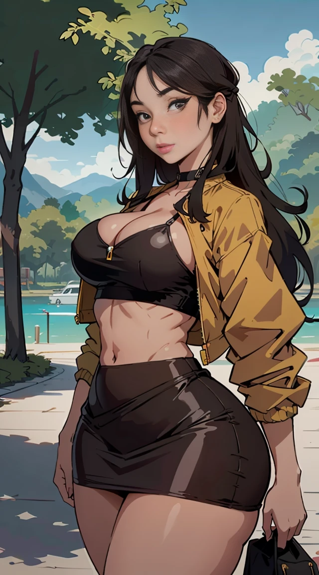 victoria, kitsch, solo, voluptuous thicc body, long hair, jacket, outdoors, crop top, large breasts, cleavage, midriff, slim waist, thick thighs, large hips, micro skirt, specular highlights, side lighting, detailed face, detailed eyes