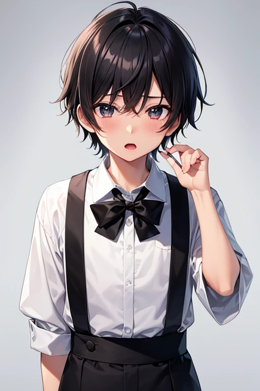 Highest quality, expensive_solve, clear_image, 2D Background ,boy, Young,Black Hair,Upper Body,Blushing,Open your mouth,Illustration, Anime Style, Status Table, Simple Background,