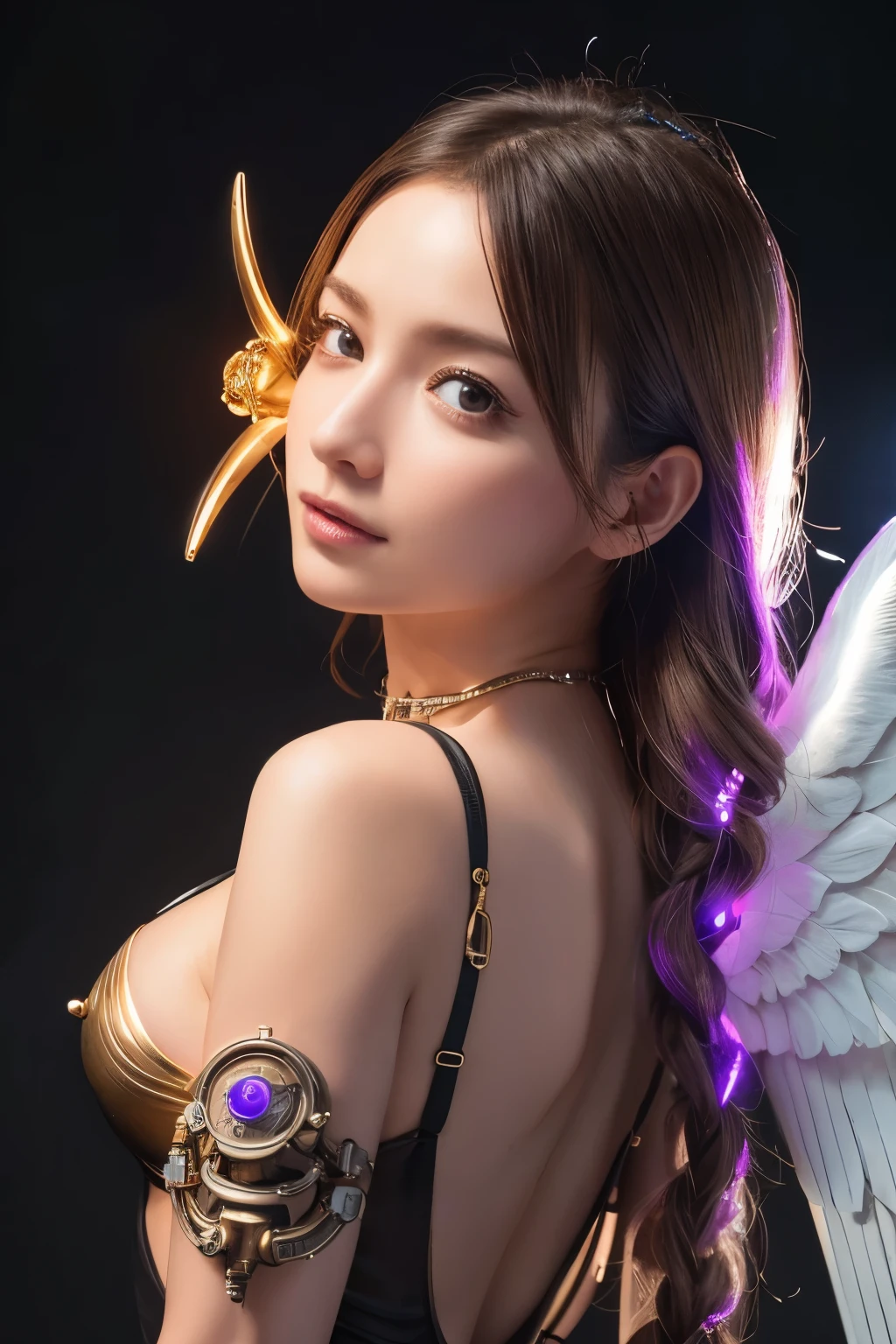 top-quality、​masterpiece、超A high resolution、(Photorealsitic:1.4)、Raw photo、***1人、blondehair、glowy skin、(1. Cyborg Angel)、Shining Angel Circle、((super realistic details))、portlate、globalillumination、Shadow、octan render、8K、ultrasharp、Colossal tits、Raw skin is exposed in cleavage、metals、Details of complex ornaments、Steampunk details、vacuum tubes、Nixie Kan、Oil pressure gauge、Glass Kan、Analog Meter、gear wheel、gear、Hydraulic cylinder、highly intricate detail、Realistic light、a purple eye、radiant eyes、Facing the camera、neon detailechanical limbs、blood vessels connected to tubeechanical vertebrae attached to the back、mechanical cervical attaching to neck、sitting on、Wires and cables connecting to the head、Small LED lamp、Sumerian details、