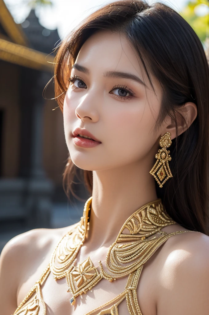 A detailed close-up of a Russian woman's face partially covered by a golden Angkor wat pattern.The Angkor wat reflects light,adding a warm, radiant glow to her skin and creating a striking visual texture. Her eyes are bright blue, vividly highlighted by natural makeup. Her skin is smooth and her natural lip color adds to her simple yet elegant beauty. Soft and bright lighting highlights her facial features and the intricate details of the honeycomb pattern, merging beauty wit