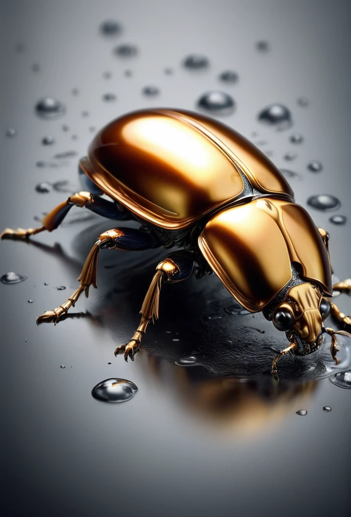(mercury composed of one Colorful Beetle :1.8)rising from a puddle of liquid mercury, extremely shiny, smooth surface texture, polished surface, reflective, 45 degrees angle from the front, tesselation ral-chrome, Photorealistic, Hyperrealistic, Hyperdetailed, analog style, detailed skin, matte skin, soft lighting, subsurface scattering, realistic, heavy shadow, masterpiece, best quality, ultra realistic, 8k, golden ratio, Intricate, High Detail, film photography, soft focus