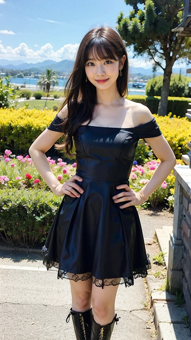 (8k、RAW Photos、Highest quality、masterpiece:1.2)、(Realistic、Realistic)、1 Girl、((mile、pink and black dress、smile、Off the shoulder、boots、garden、View from the front、Looking at the camera、Hands on your hips))、cute