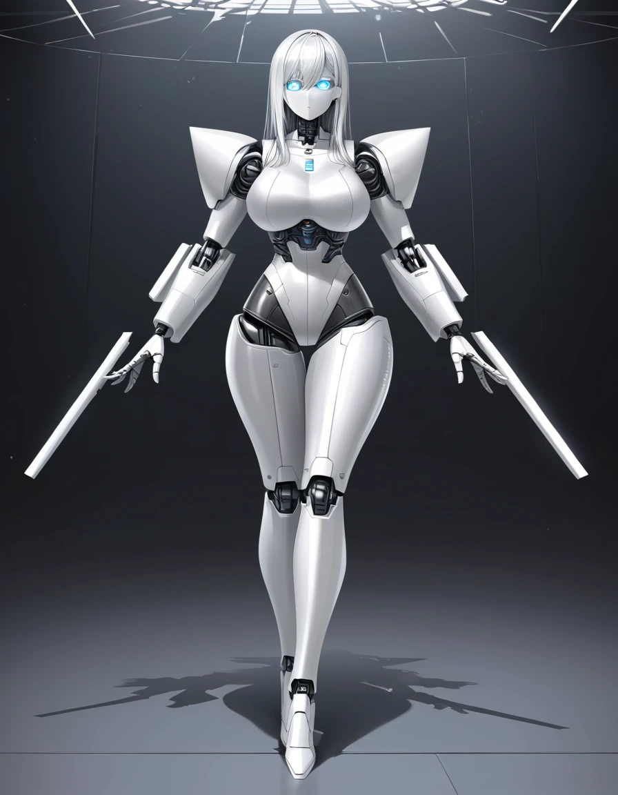 Highest quality, Attention to detail, 8k, human, Robot Girl, Android Face(Metal), steel & Titanium Leather, Robot face(With human Features), Cybernetic Eyes(Hard Eye Circle, Clear pupils), One girl, formal, Perfect hands(Five fingers), wig(False hair), Big Breasts, Bionic Armor, full length, whole body, Masterpiece Body,