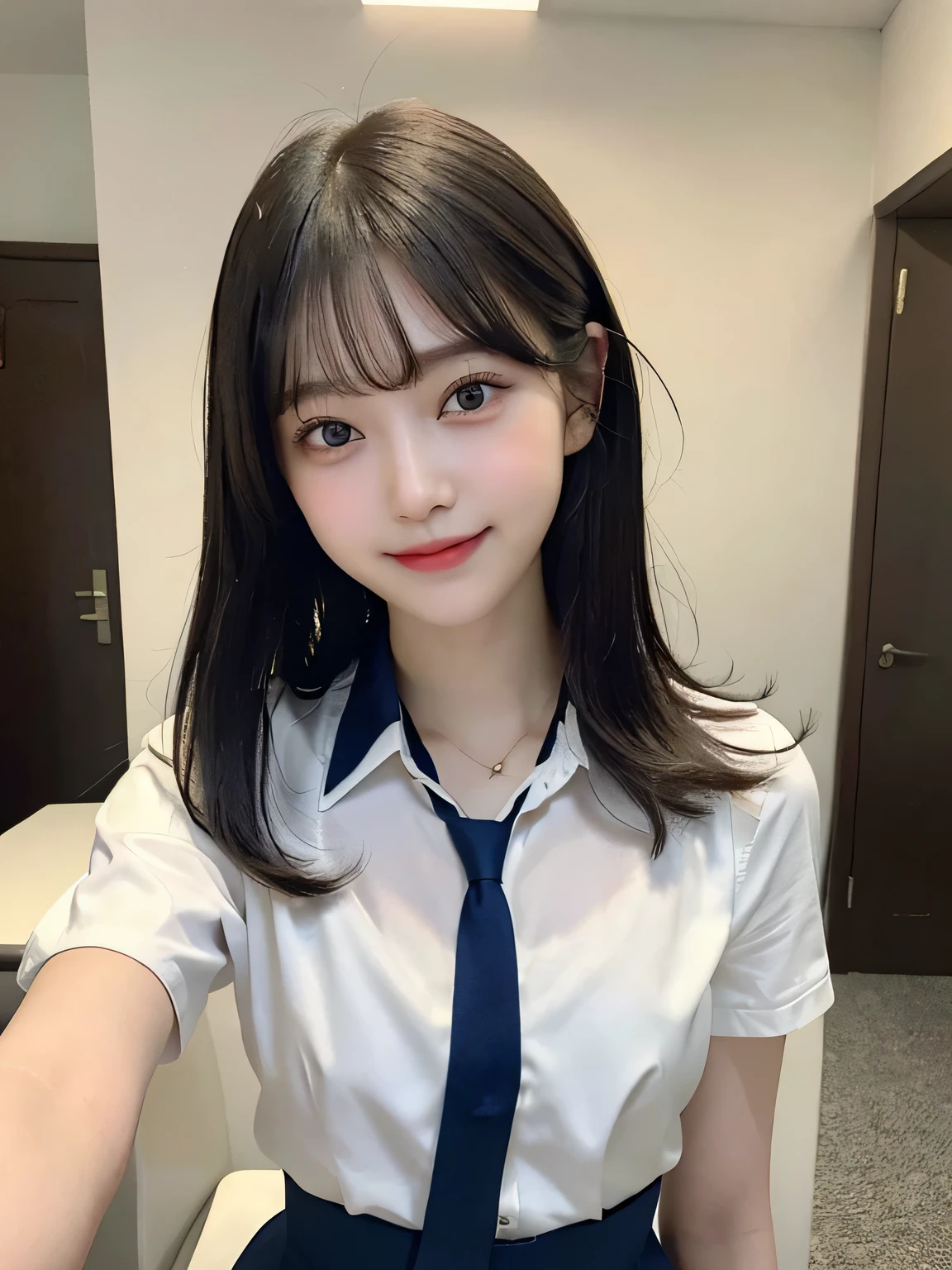 ((Two Girls)),Super cute、16 years old、Full body photo、slender、Japanese women、White drool coming out of the mouth、smile、Short Bob Cut、Fair skin、very cute、Soft and good looking、8k resolution、Surreal、Ultra-high resolution、A cup small breasts（（Highest Resolution、、masterpiece：1.3））、Extremely thin face、Ultra-thin lips、Beautiful Eyes、double eyelid、Yellow tie、white shirt with open front、Navy blue mini skirt、Thighs、thin、Thighsが見える、Shapely small breasts、smile、