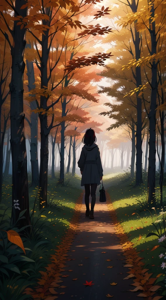 Forest Walk: The girl walking alone in a dense, serene forest during autumn, with leaves gently falling around her. She looks content and lost in her thoughts