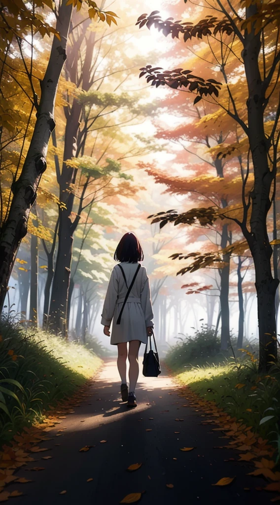 Forest Walk: The girl walking alone in a dense, serene forest during autumn, with leaves gently falling around her. She looks content and lost in her thoughts