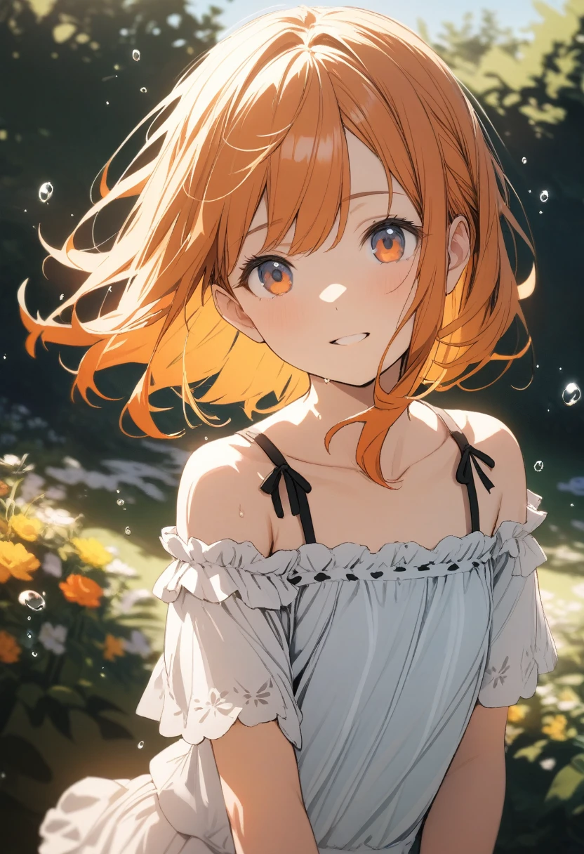One -yeld gi Off-the-shoulder shirt、(Orange hair color,Inner color hairstyle), Beautiful Hair, Facial Contour, Remember, ,garden, splash, Lens flare, noon, bright, Natural Color, High resolution, Very delicate, Very detailed, 8k,(((((Sexual))))),Black bra straps are visible,((Sexualな))、Top view、