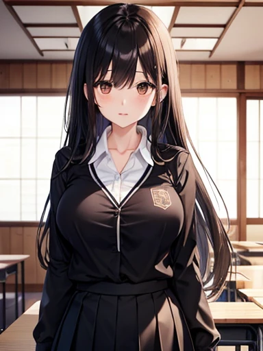 Highest quality, Japanese、Brown eyes、thin、expensive、8k、girl, High resolution,Black Hair、Long Hair、classroom、uniform、blouse、Black Skirt、Standing position、Left facing,Big Breasts
