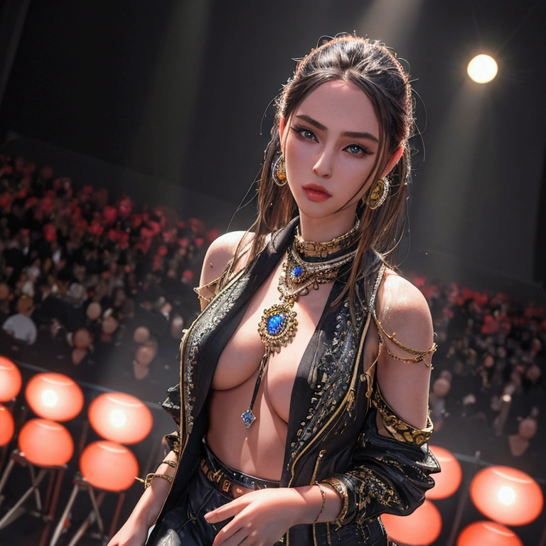 1girl, Fashion model, milano collection, glowing clothes, stage, realistic, hyper-realistic, photorealistic,ultra-detailed,(realistic,photorealistic,photo-realistic:1.37),vivid colors,dramatic lighting,