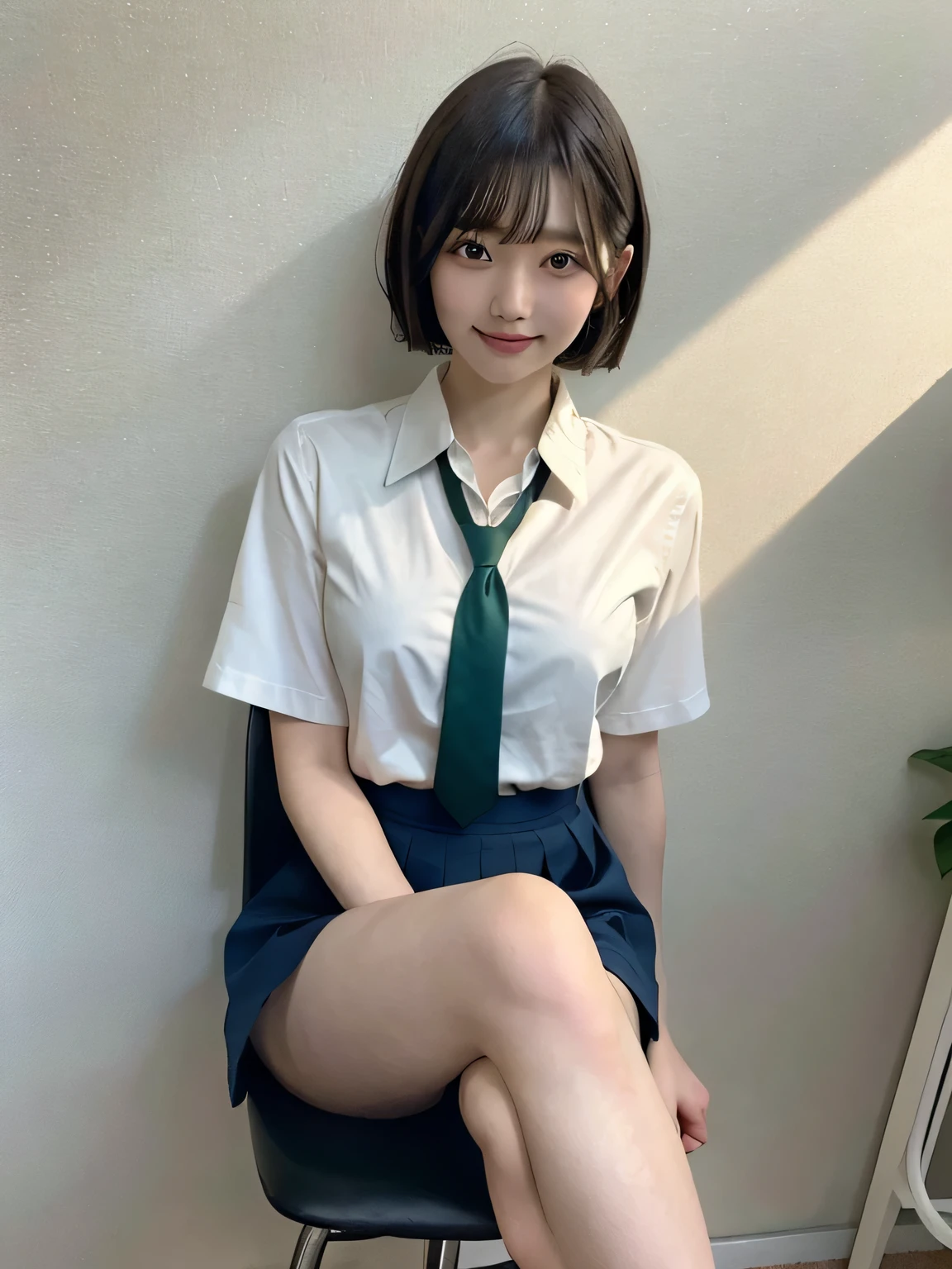 Japanese Girls、-yeld giShort Bob Cut、bangs、Brown eyes、Perfect figure、Transparency、Gloss、Glamorous breasts、、Green tie、White shirt、Navy Skirt、Hirotake、Burning body、Gravure idol pose、Light blue wall、Beautiful feet、Strong sunlight、dirty、雨にWet体、Wet,Sitting in a chair、I can see your thighs、smile
