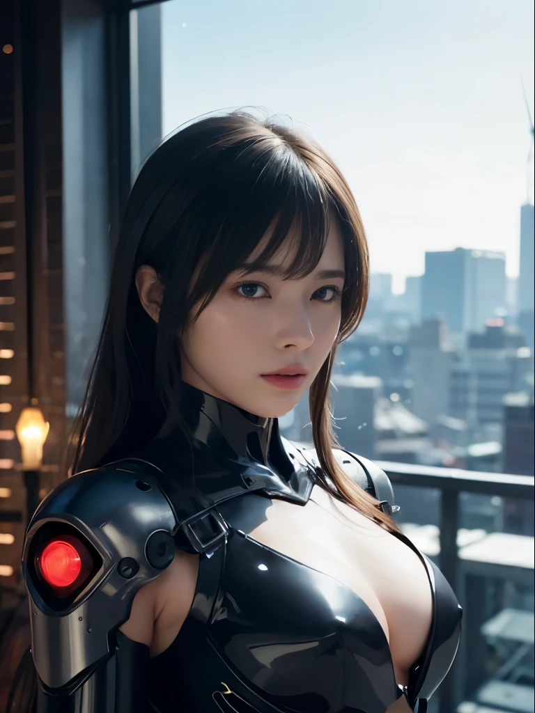 (Fight against mechanical robot soldiers)、top-quality、masterpiece、超A high resolution、(Wearing a futuristic transparent sun visor)、(Photorealsitic:1.4)、Raw photo、1人、Black hair、glowy skin、((1 Mechanical Girl))、((super realistic details))、portlate、(Small LED lamp)、Wire tubes that glow all over the body、globalillumination、Shadow、octan render、8K、Armpit、ultrasharp、Colossal tits、Small LED lamp、Raw skin is exposed in cleavage、metals、blood vessels connected to tubes、Red bodysuit、Armpit、Cyberpunk city background、Details of complex ornaments、Japan details、highly intricate detail、Realistic light、CGSoation Trends、Blue eyes、radiant eyes、Facing the camera、neon details、(Helmet of the Brave)、Mechanical limbs、blood vessels connected to tubeechanical vertebrae attached to the back、mechanical cervical attaching to neck、Wires and cables connecting to the head、Gundam、Small LED lamp、Toostock、Toostock、