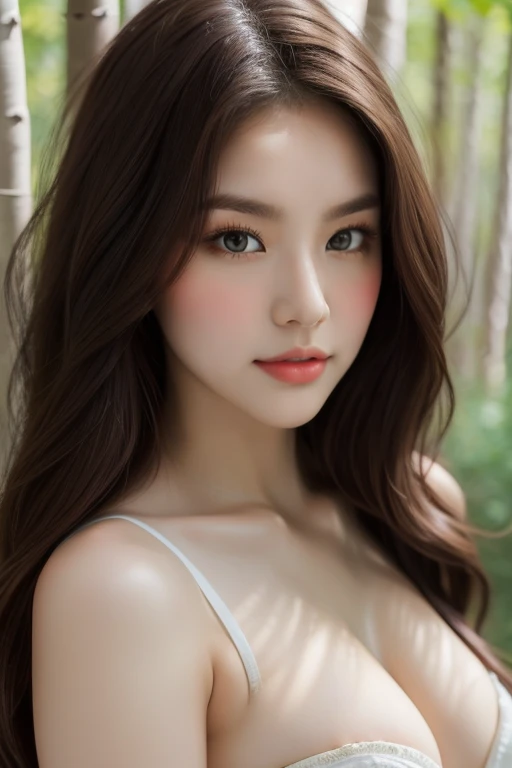 Top quality, RAW Photo, Highest Quality Image, 16K, Full body, Age 22 years old, Realistic, Photorealistic, Beautiful Asian woman, Sexy, body, White pale skin, Beautiful hair, Wavy hair, Brown Hair,, Short hairstyle, Detailed face, Detailed body, Detailed skin, Double eyelids, Big eyes, long eyelashes, bright eyes, green eyes, natural lips, detailed lips, Saggy breasts, Very Small breasts, Flat Breasts, long shape breasts, posing in Aspen forest , sunny day light , light through Aspen trees, wearing white shirt