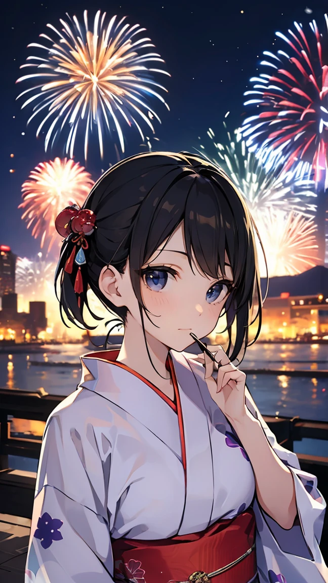 ((masterpiece)), ((best quality)), perfect detailed eyes, perfect detailed face, ultra-detailed nose, Summer festival, yukata, traditional Japanese clothing, fireworks bursting into the night sky, fireworks, black hair, twintails, very long hair, cowboy shot