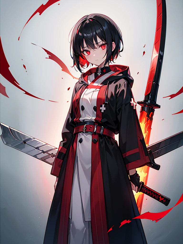 (masterpiece,Best quality,Anime style,Sense of atmosphere,CG Rendering,4K,Ray Tracing,religion)(Black hair,short hair,Red cross pupil,Cold Eyes,Black belted hooded robe with red stripes,Black and red sword)(Solo)(Simple background)