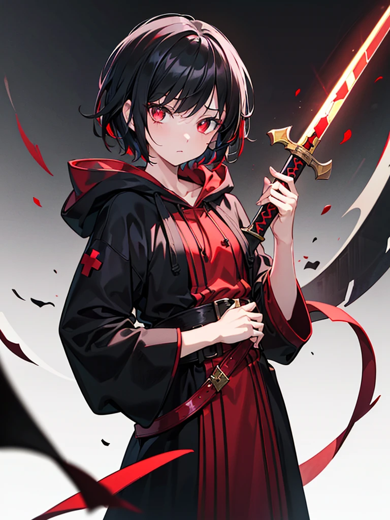 (masterpiece,Best quality,Anime style,Sense of atmosphere,CG Rendering,4K,Ray Tracing,religion)(Black hair,short hair,Red cross pupil,Cold Eyes,Black belted hooded robe with red stripes,Black and red sword)(Solo)(Simple background)