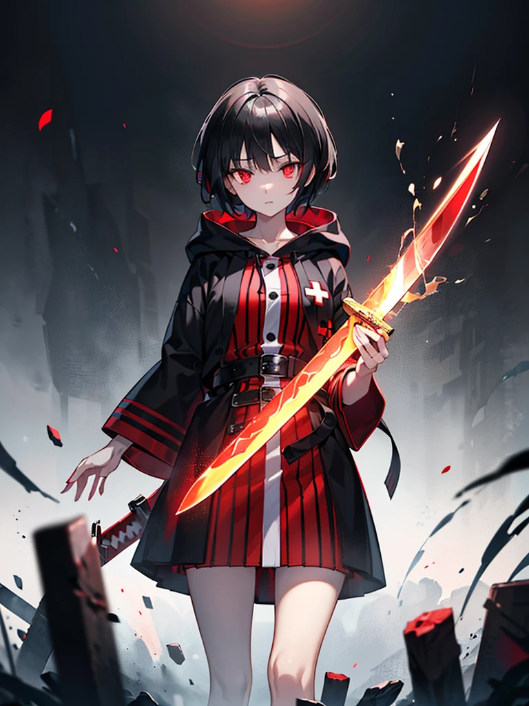 （masterpiece,Best quality,Anime style,Sense of atmosphere，CG Rendering，4K，Ray Tracing，religion)(Black hair,short hair，Red cross pupil，Cold Eyes，Black belted hooded robe with red stripes，Black and red sword）(Solo)(Simple background)