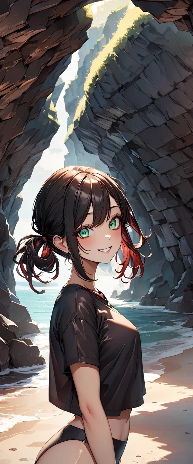 Photo of a girl with natural skin, ((Baby Face)), Grinning, Smiling, Tilt your head, From the side, Round face, A girl wearing mainly black and red, Upper Body, Beach cave, The light is shining in, High Twintails, Black hair with red mesh, Sharp eyes with red eyeshadow, Blue-green eyes, Shining eyes, A thin, upturned nose, Well-shaped lips, ((crop top overhang, Short sleeve, Black clothes, Thighs, Glamour body)), Makeup, Exquisitely crafted with the utmost attention to detail, Vibrant, amazing, Smooth, Cinematic, 4K, Backlight, (()), Shallow depth of field, ((Detailed eyes:1.3, Detailed lips:1.3, high quality, )), masterpiece, Super detailed images, High quality