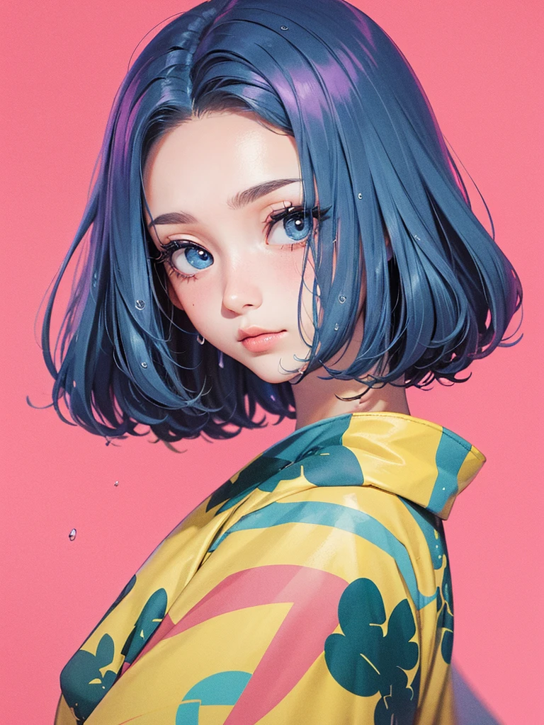 Beauty, High nose, Long eyelashes, 目にLight, Pink Lips, Closed Mouth, blue, Light, Fluttering Hair,Big eyes, Inner color hair, turn around, Get wet, short hair, cute, 30 years old, glossy, charm, Real, null,Big white t-shirt, Gray Hair,