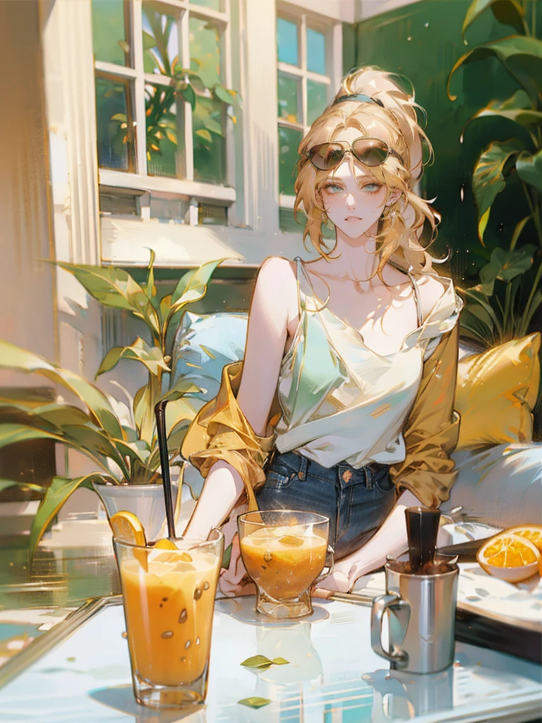Beautiful girl, blonde, hair in a medium-length ponytail, no fringes, white top, blue jean shorts, sunglasses, slight smile, perfect, detailed face, sunny weather, café veranda, coffee table, green plants, a cup of matcha and a glass of cold orange juice on the table, drops of water on the glass of the glass, particles of light, she looks at the viewer., shy, sparkle, glowing light, chromatic aberration, cinematic lighting, Nikon, masterpiece, accurate, anatomically correct, textured skin, super detail, high details, best quality, 16k