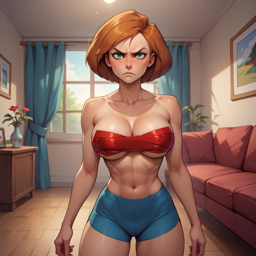 score_9, score_8_up, score_7_up, score_6_up, BREAK Ann possible, body wrapped in tape, big breasts, angry, sweating, in a living room, short hair, wide shot