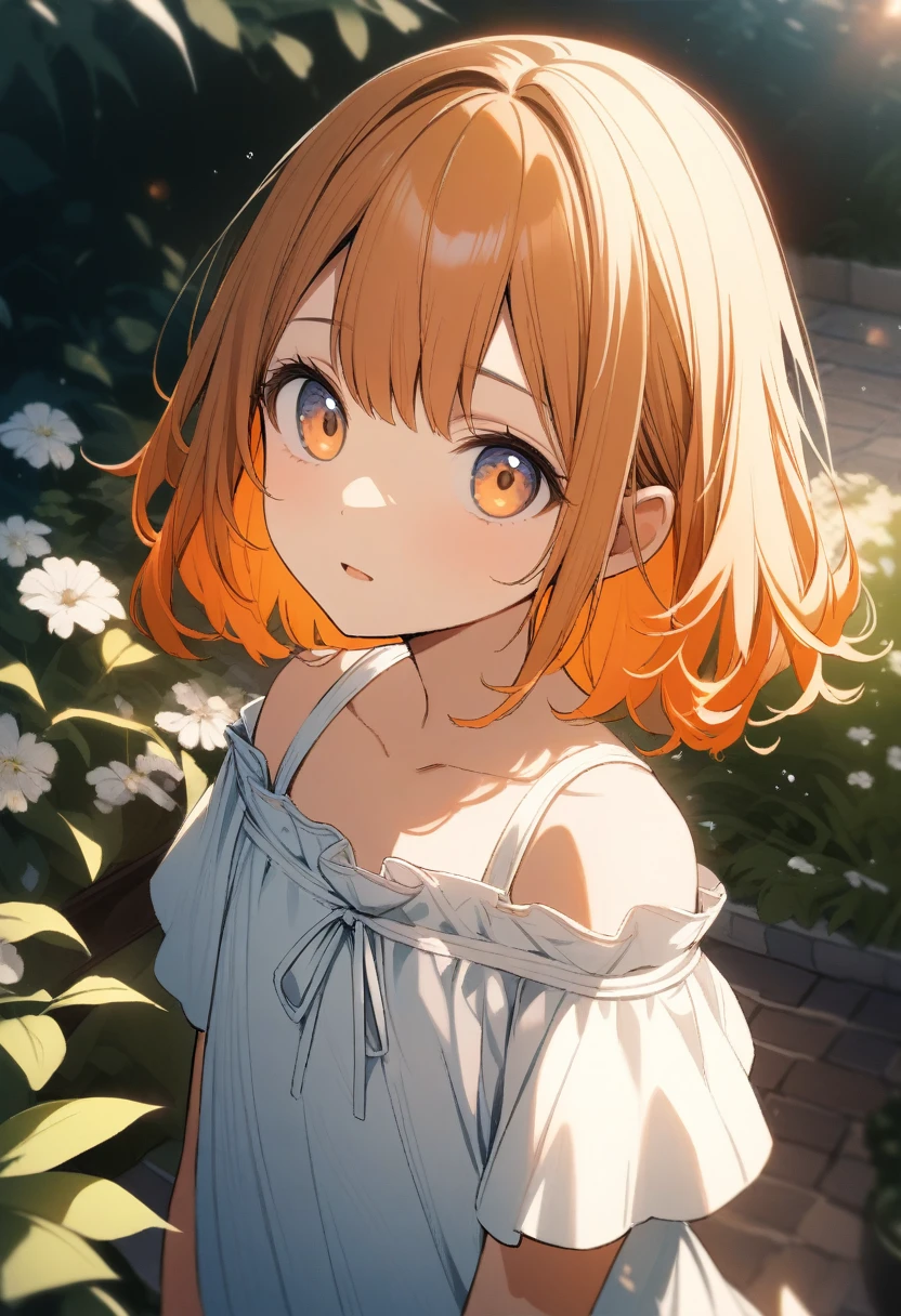 One , Off-the-shoulder shirt、(Orange hair color,Inner color hairstyle), Beautiful Hair, Facial Contour, Remember, ,garden, splash, Lens flare, noon, bright, Natural Color, High resolution, Very delicate, Very detailed, 8k、Top view、Shyness,(((Sexual)))