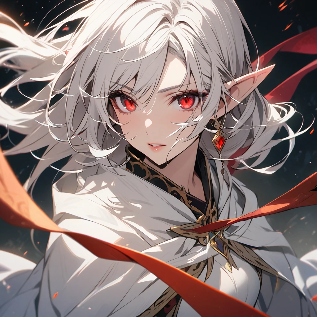 woman, white hair, red eyes, white robe, ear elf