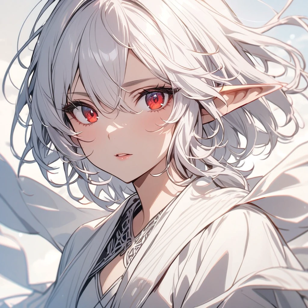 woman, white hair, red eyes, white robe, ear elf