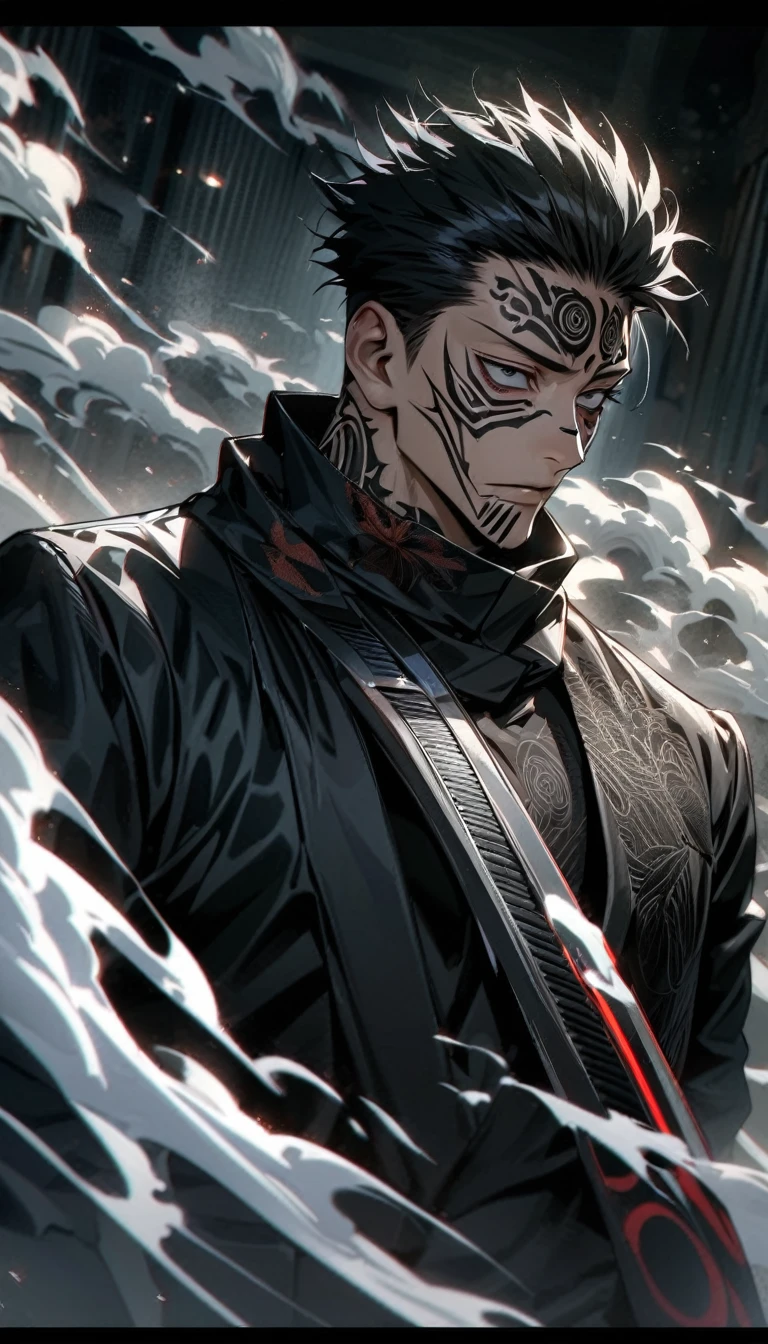 Ultra detailed, HDR, Highres, absurdres, master piece, Ryomen Sukuna, expressive Black eyes, black hair, dark tattoo under the eyes, Jujutsu Kaisen, black suit with patterns, black tight shirt, white smoke, horror at night, sexy man, solo, extremely detailed face and eyes, extremely handsome, glittering