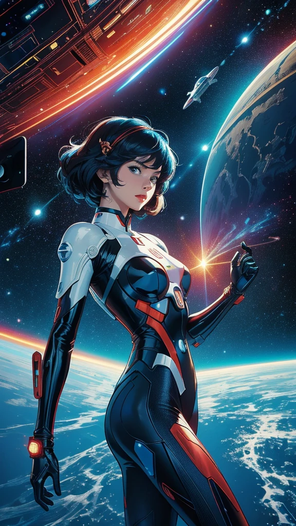 ((masterpiece, Highest quality)), 32K Wallpapers, Very detailed, Poster, Vintage science fiction, 1960s,(((space thriller cinematic movie Poster))), (Bauhaus), shape,Abstract, Midcentury Modern, movie Poster, Vintage, Perfect Lady,anime,1970s,Halftone,Speech bubble,Milky Way,(Superhero),((portfolio,close)),future,mechanical,Space War,Star Wars,Evangelion