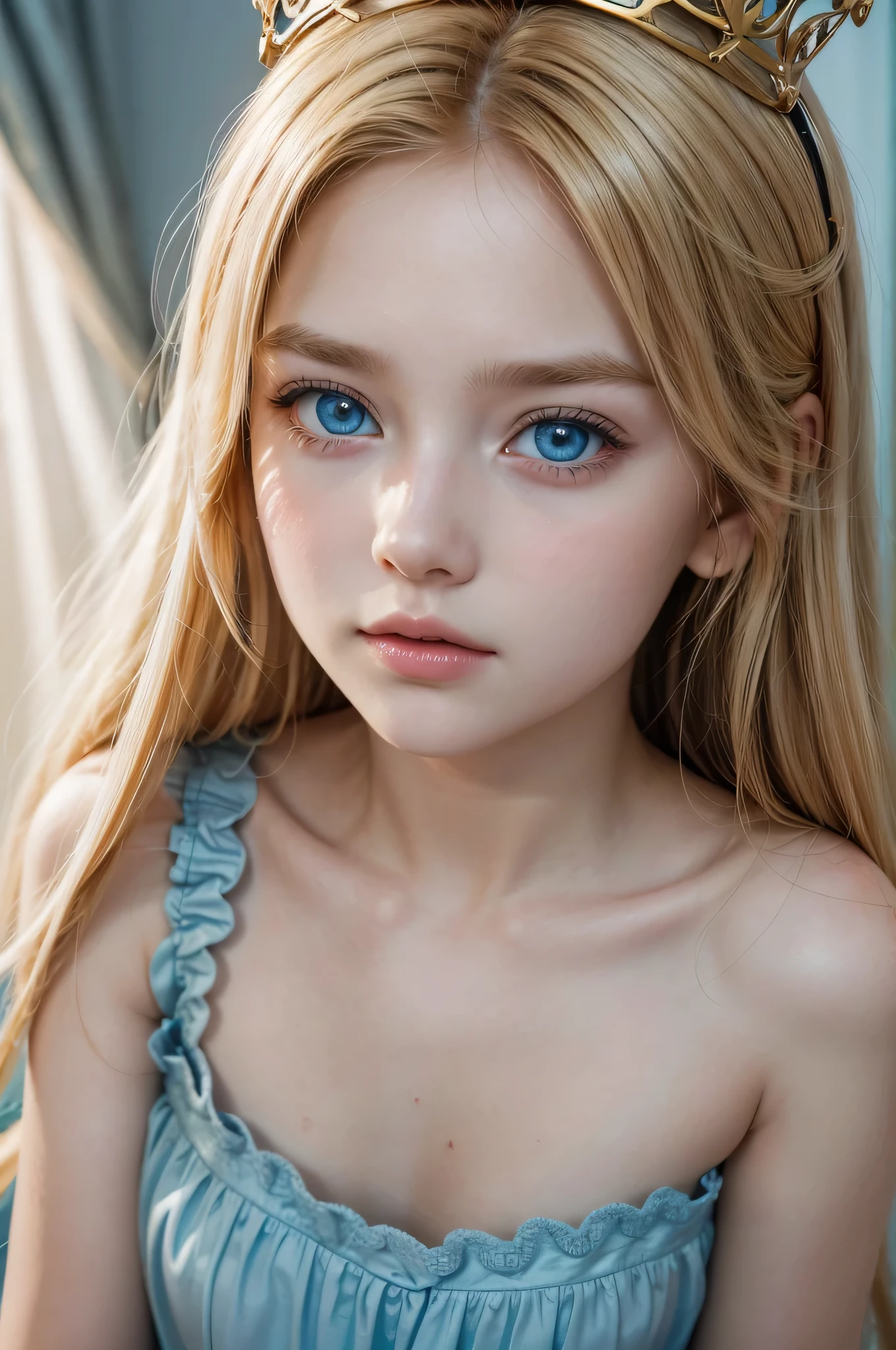 a beautiful princess with well-defined features in a beautiful light blue dress ,golden blond hair on the head with a crown of intense blue eyes red mouth, In 4k