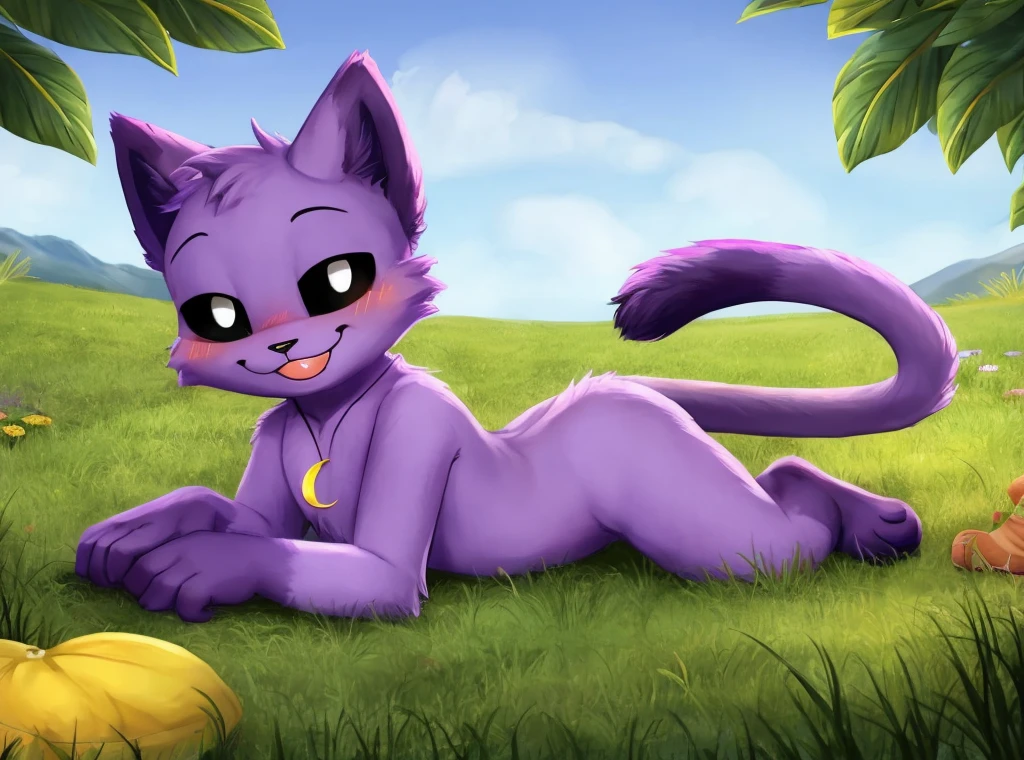  beautiful background, detailed background, grass, three-quarter view, 
BREAK, 
 Baby Catnap, in panties, naked, split hole, laying on the ground, smile, blush, looking at viewer, cute, closed mouth, black eyes with white pupils, black mouth, (yellow crescent-shaped necklace), purple fur, great anatomy, long cat tail, pawspads