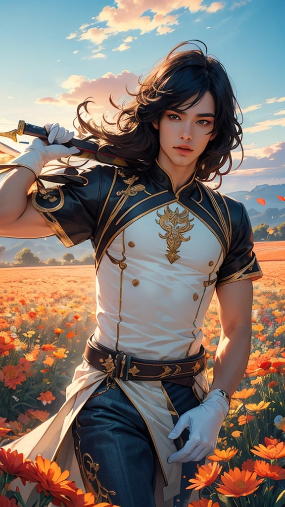 1 adult male solo, black hair, blue eyes, kaveh genshin impact, black top, gold and red embroidered details, golden accessories, silver  pants, white gloves, feather hair ornament, shiny eyes (​masterpiece),((top-quality)),(offcial art),(Beautiful and indulgent:1.2),(1manin:1.3),Detailed drawing, have big sword, Vibrant colors。colourfull、highestdetailed ((ultra-detailliert)),(Highly detailed 3D illustrations),((Extremely delicate and beautiful))Super Detail,atmosphric perspective，dust particle, iridescent, glowing, surrounded by dark red lily flowers, (((walking on a flower field at sunrise, sunrise light many flowers around, soft clouds in the blue sky, dreamy soft light)))